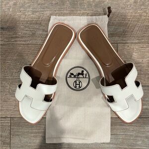 White Hermes Slide Sandals